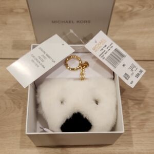 NWT Michael Kors White and Black Teddy Bear Rabbit Fur Pom Poms Keychain